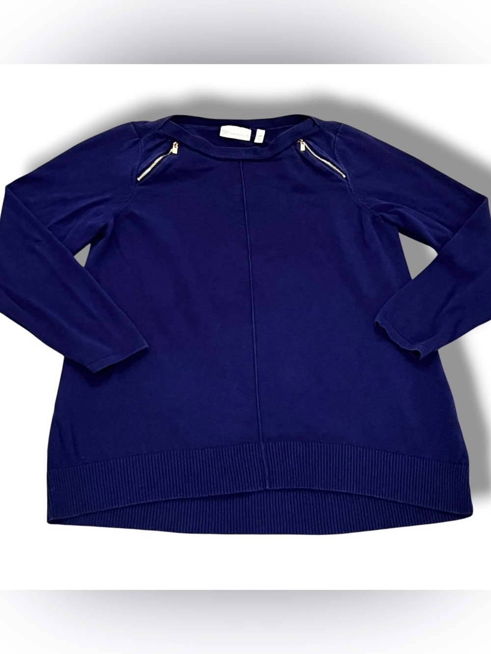 Rafaella Womens L Cotton Blend Royal Blue Zip Neck Knit Sweater Hi-Low Hem F-1